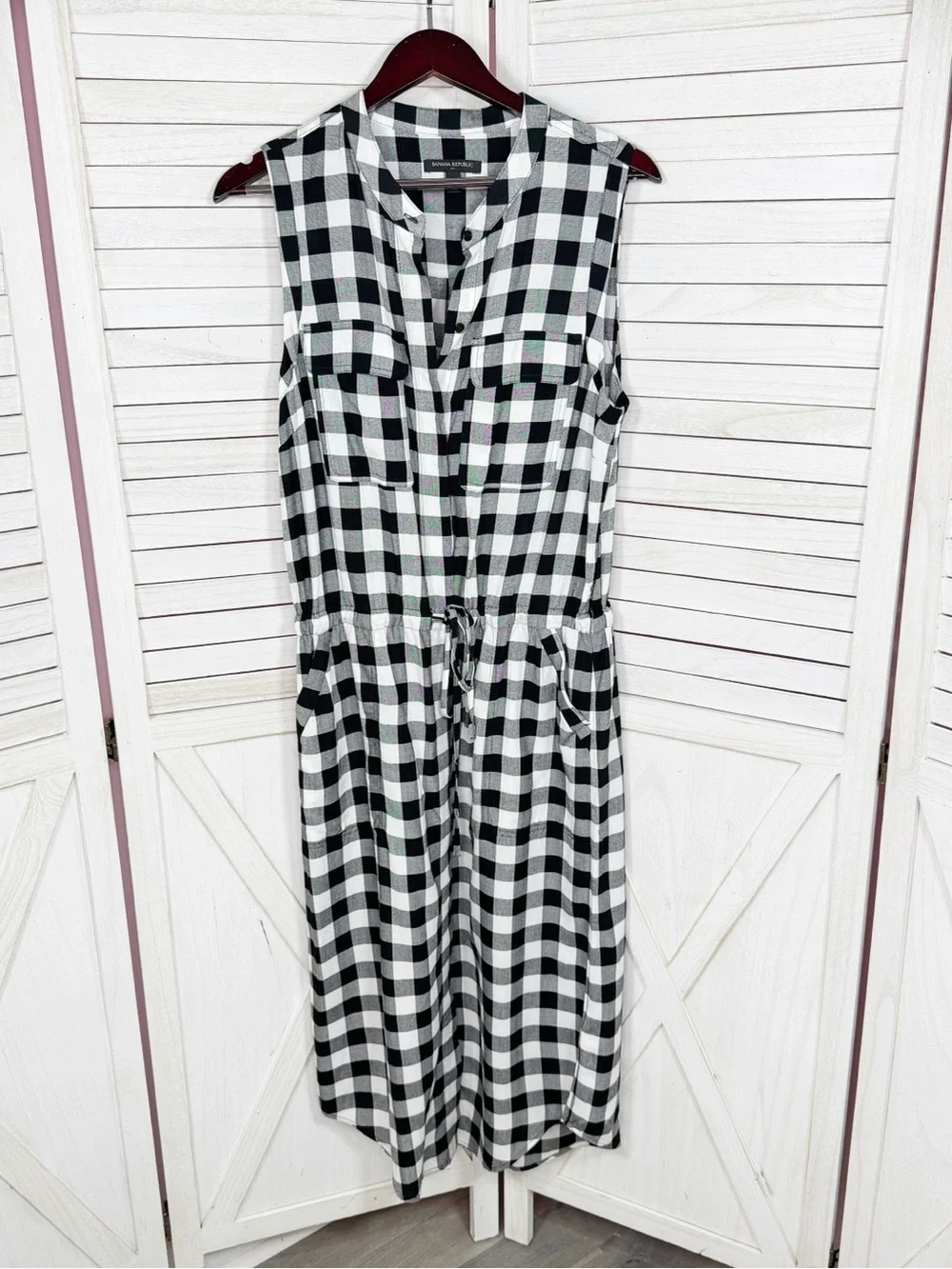 Banana‎ Republic Buffalo Check Sleeveless Cinch Waist Shirt Dress Black White 12